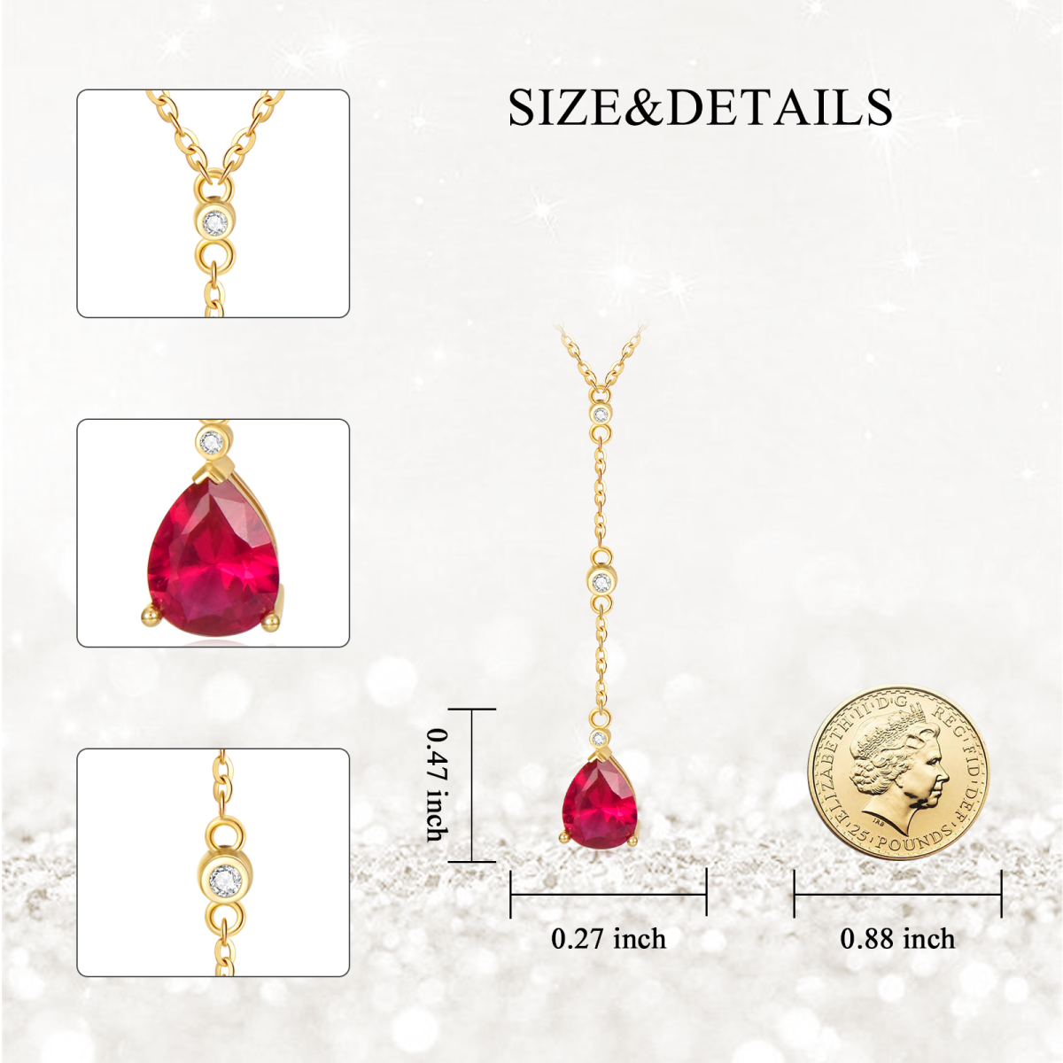 14K Gold Cubic Zirconia & Ruby Drop Shape Non-adjustable Y-Necklace-5