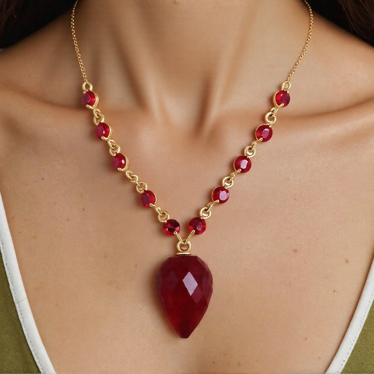 Collar con colgante de gota de rubí en oro de 14 quilates y piedras preciosas-2