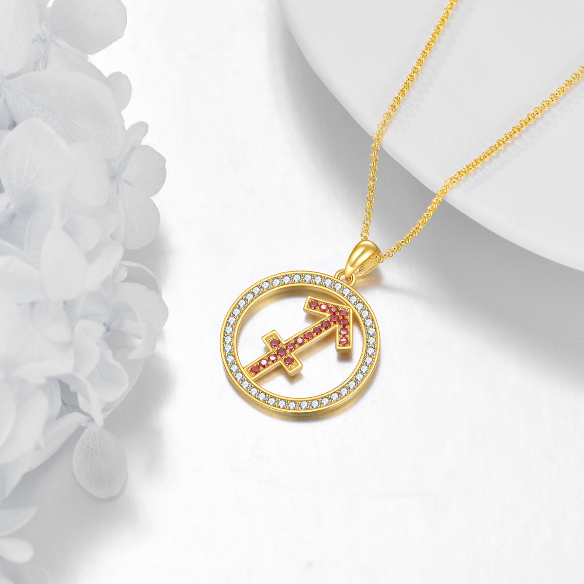 14K Gold Cubic Zirconia Sagittarius & Round Pendant Necklace-3