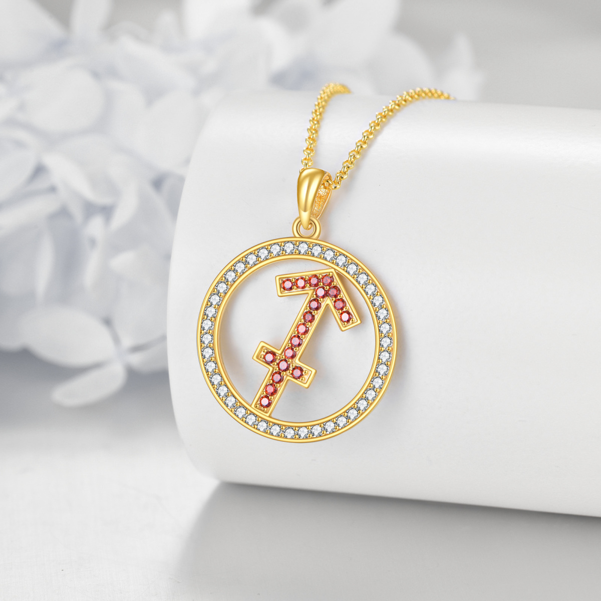 14K Gold Cubic Zirconia Sagittarius & Round Pendant Necklace-4