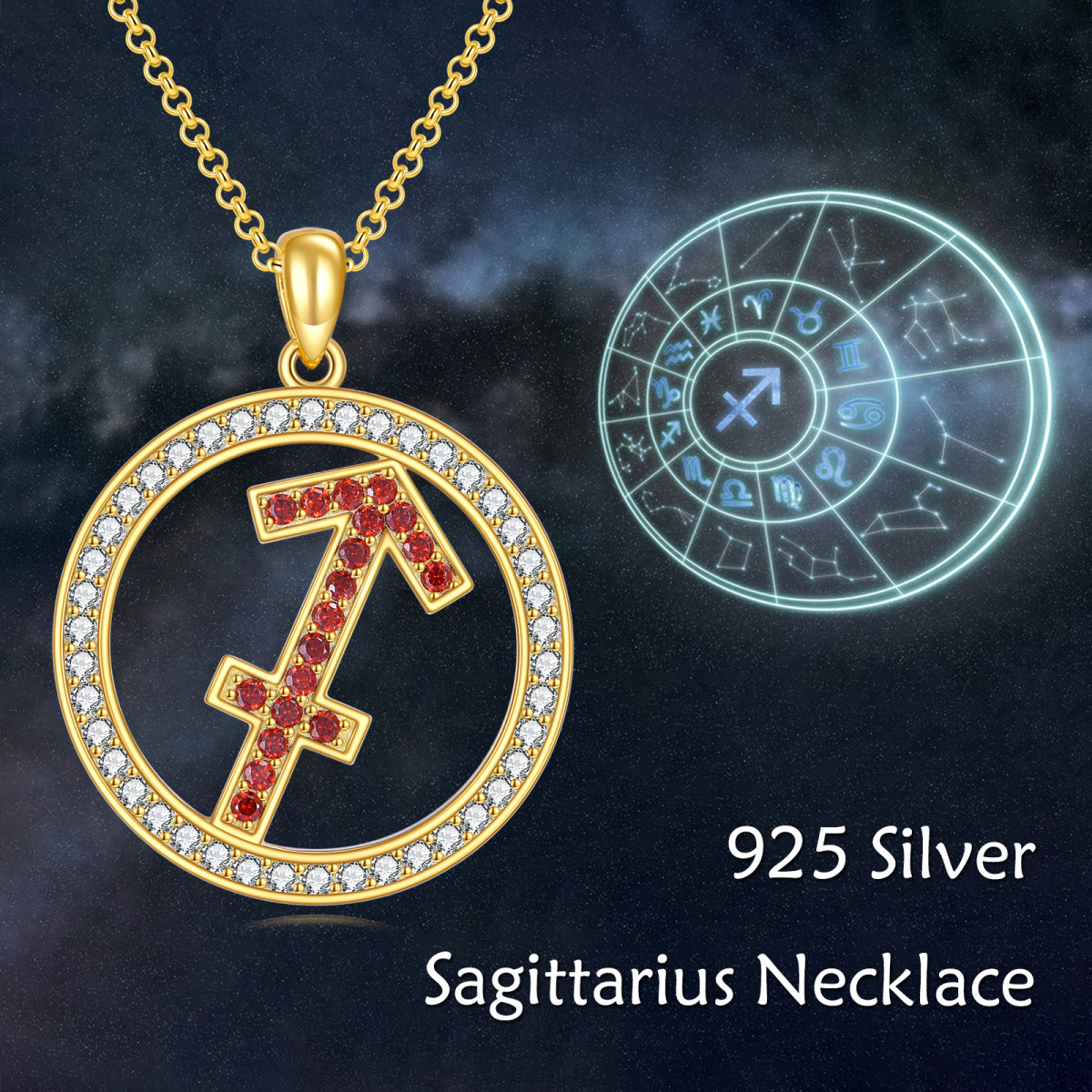 14K Gold Cubic Zirconia Sagittarius & Round Pendant Necklace-6