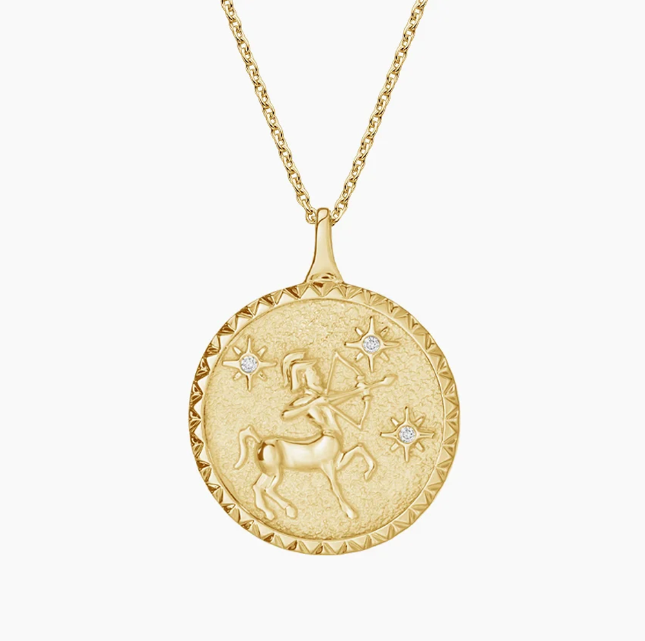 14K Gold Sagittarius Zodiac Sign Diamond Medallion Pendant Necklace-1