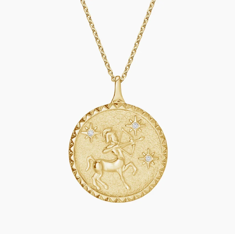 Collar con colgante de medallón de diamantes del signo zodiacal Sagitario en oro de 10 quilates-1