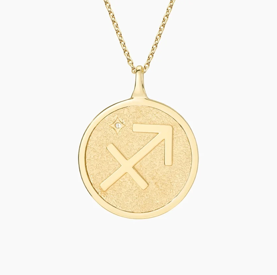 14K Gold Sagittarius Zodiac Sign Diamond Medallion Pendant Necklace-3