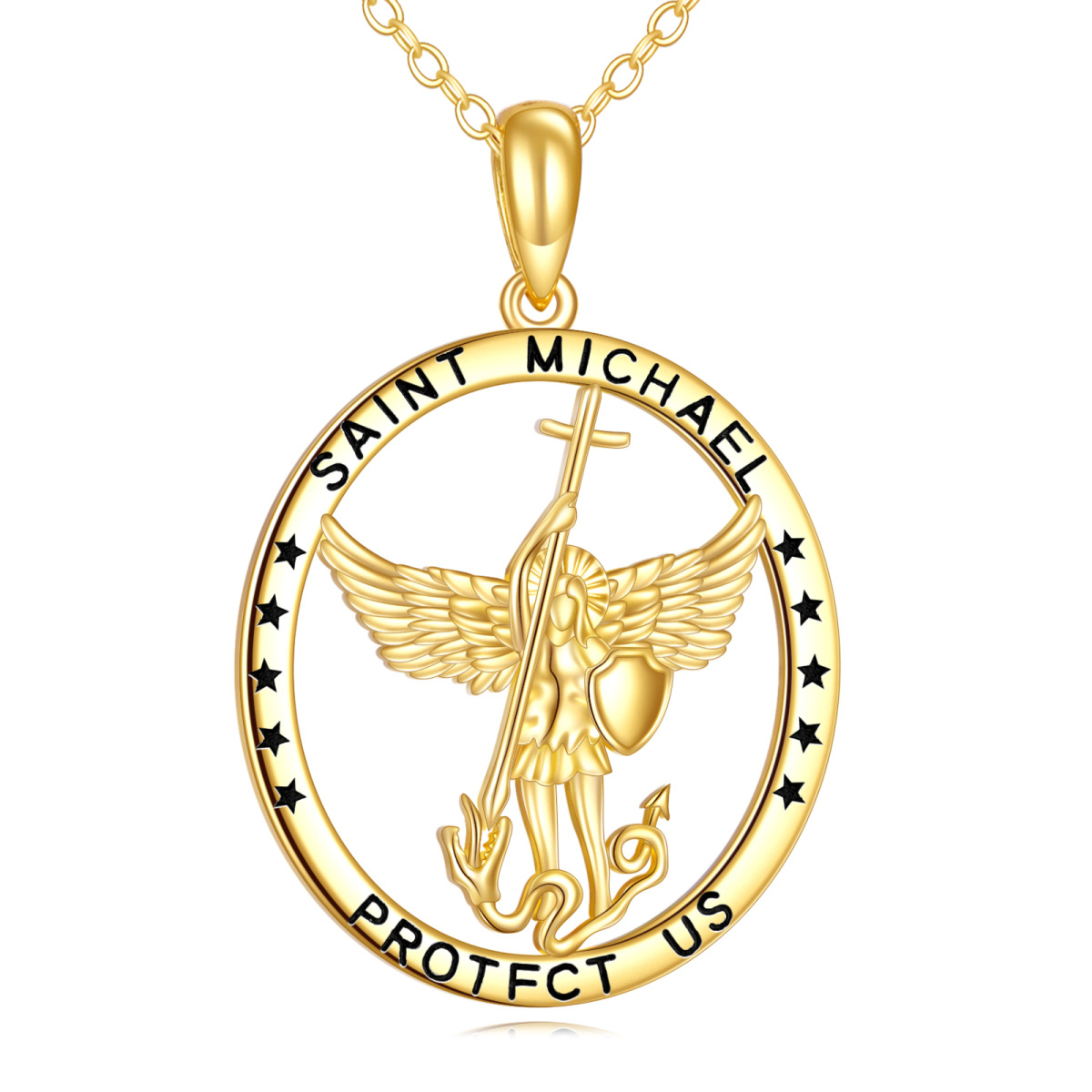 18K Gold Saint Michael Pendant Necklace with Engraved Word-1