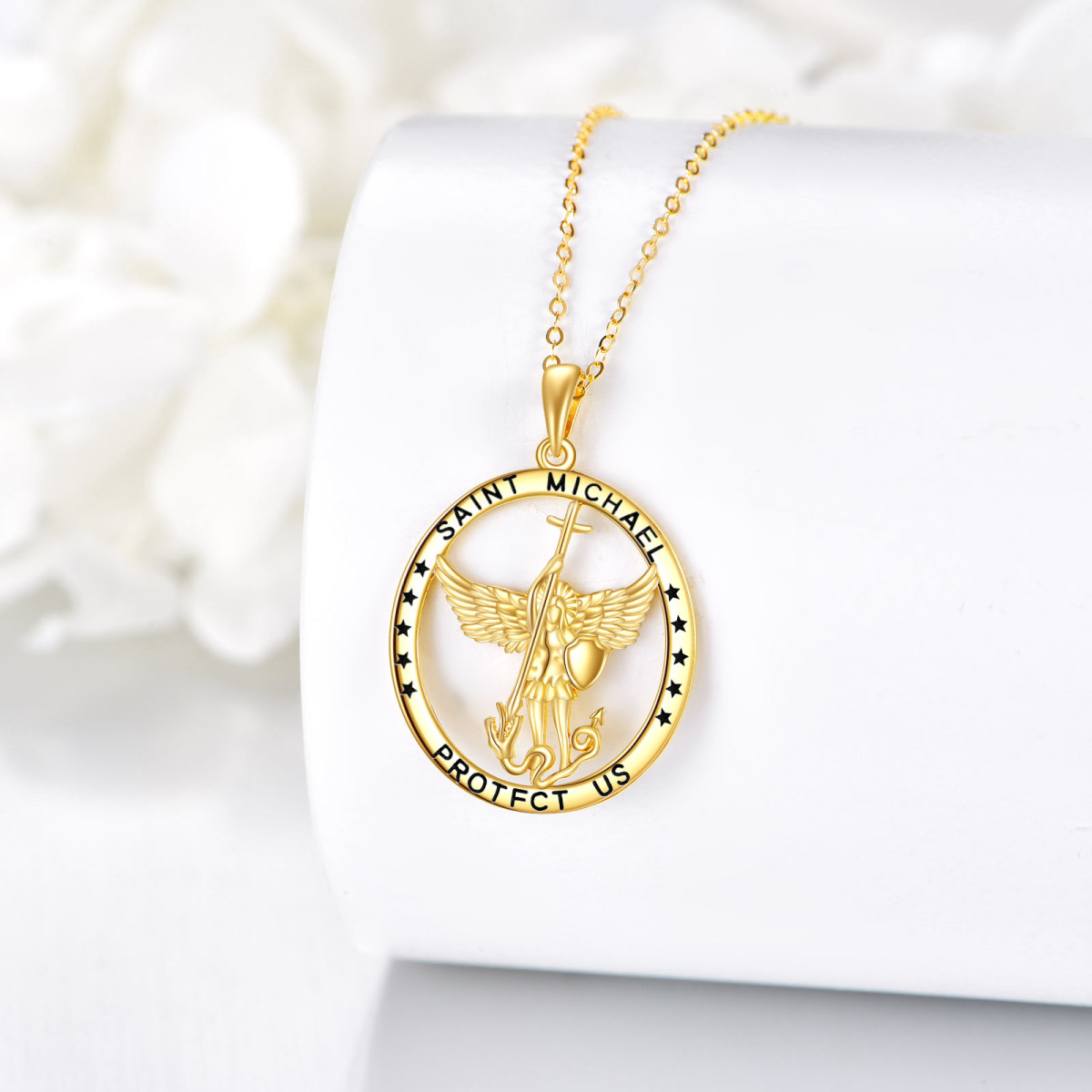 14K Gold Saint Michael Pendant Necklace with Engraved Word-4