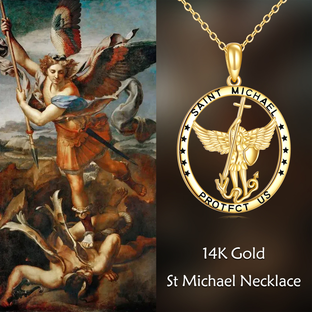 14K Gold Saint Michael Pendant Necklace with Engraved Word-6