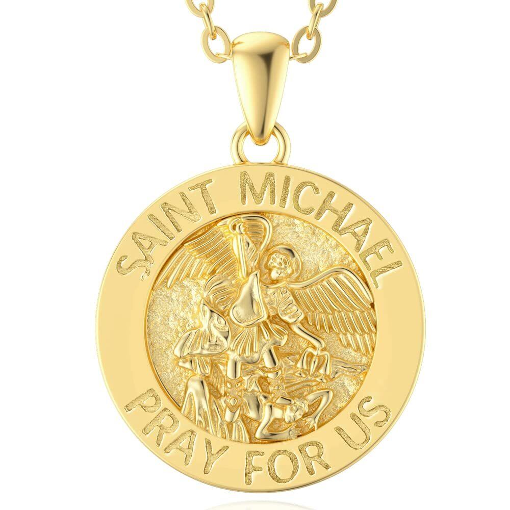 10K Gold Saint Michael Pendant Necklace with Engraved Word-1