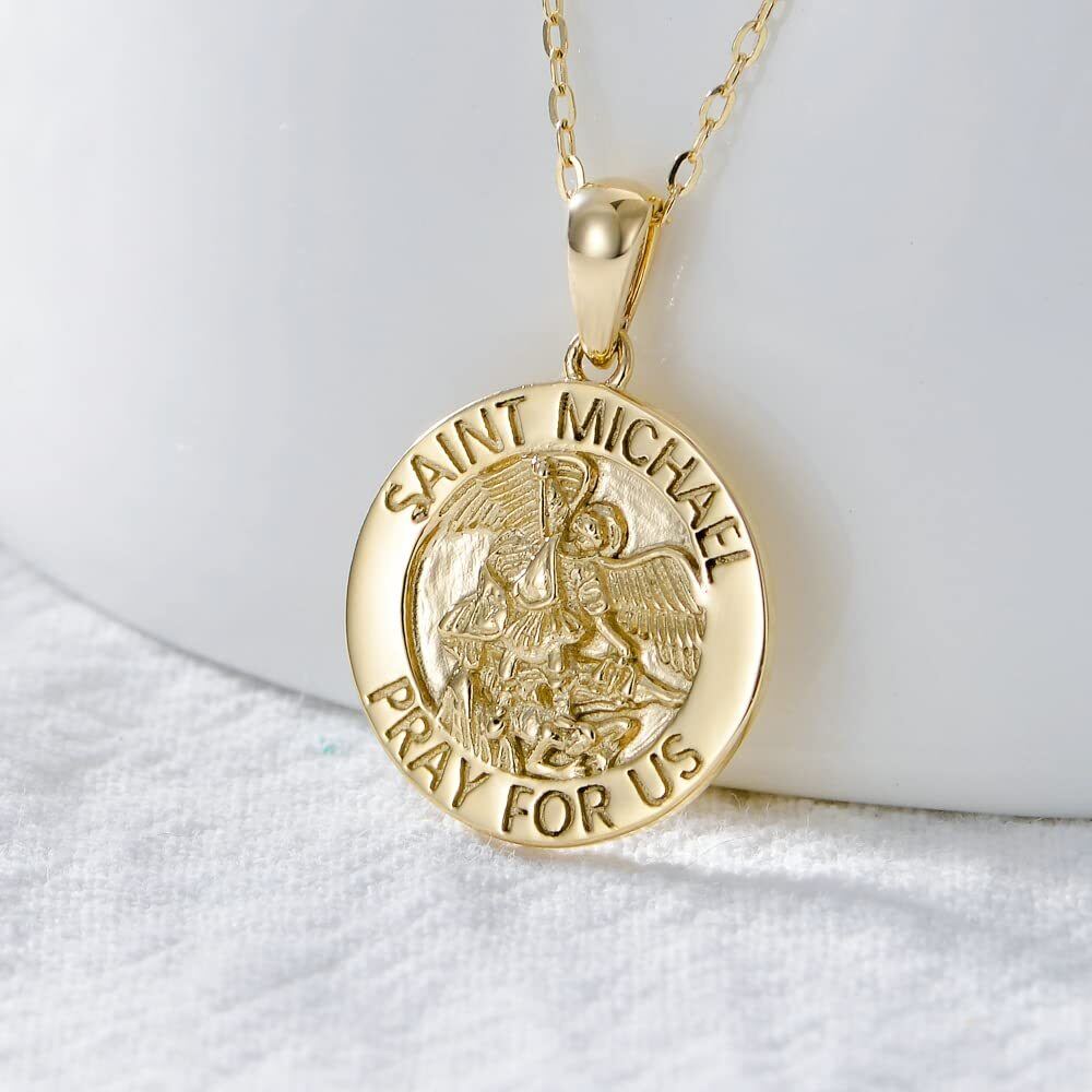 10K Gold Saint Michael Pendant Necklace with Engraved Word-3