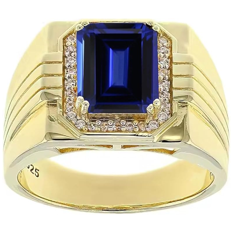 14K Gold Sapphire with Diamonds Halo Emerald Cut Custom Engagement Ring for Men-1