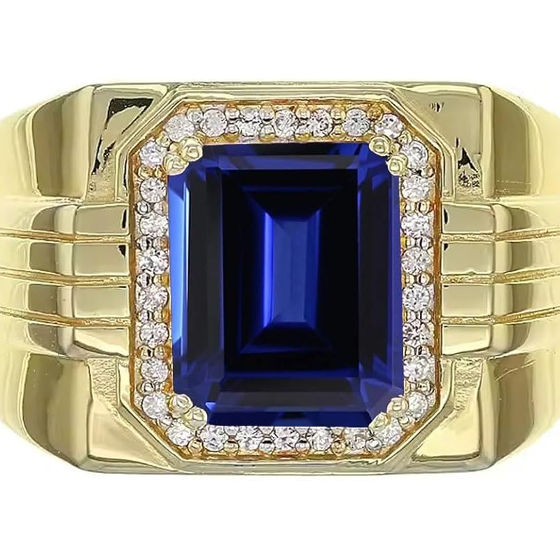 14K Gold Sapphire with Diamonds Halo Emerald Cut Custom Engagement Ring for Men-2