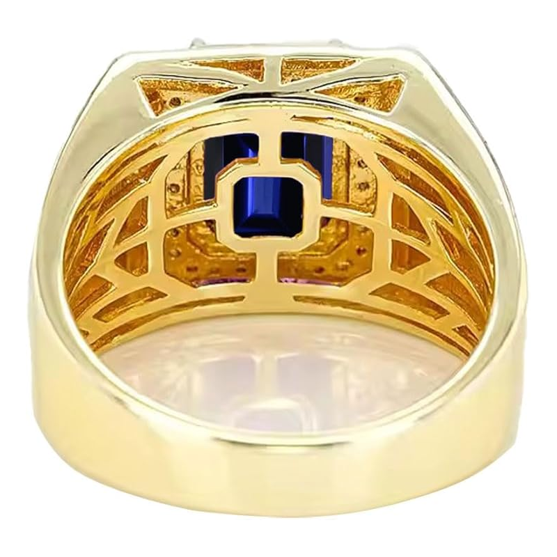 14K Gold Sapphire with Diamonds Halo Emerald Cut Custom Engagement Ring for Men-3