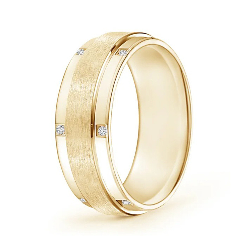 14-Karat-Gold-Hochzeitsring mit Satin-Finish und Pave-Set für Herren-3