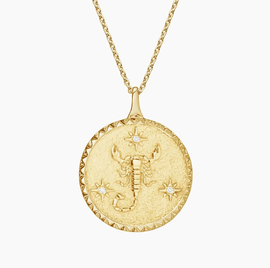 14K Gold Scorpio Zodiac Sign Diamond Medallion Pendant Necklace-1