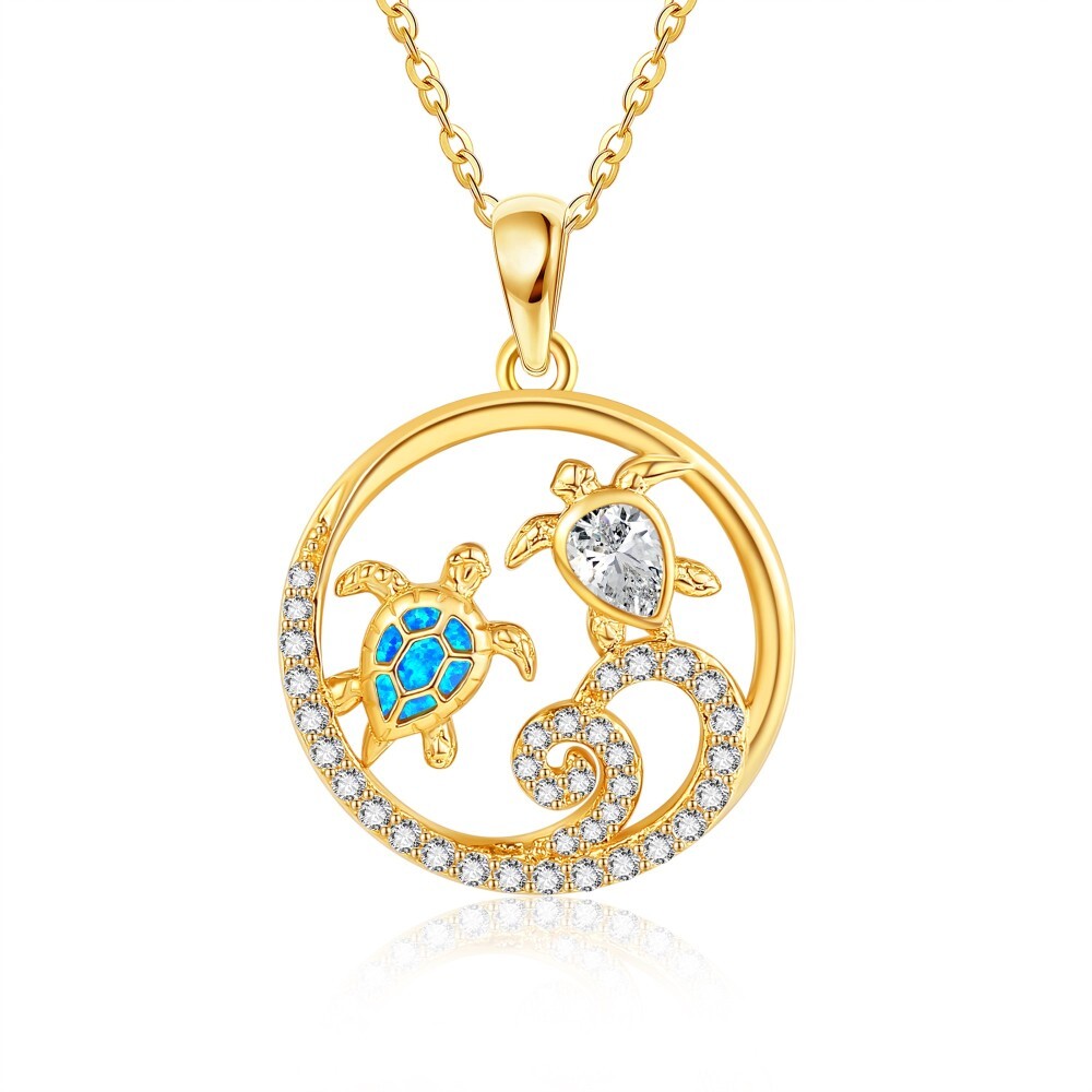 10K Gold Cubic Zirconia Sea Turtle Pendant Necklace-1