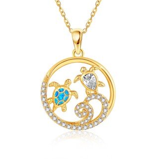 10K Gold Cubic Zirconia Sea Turtle Pendant Necklace-29