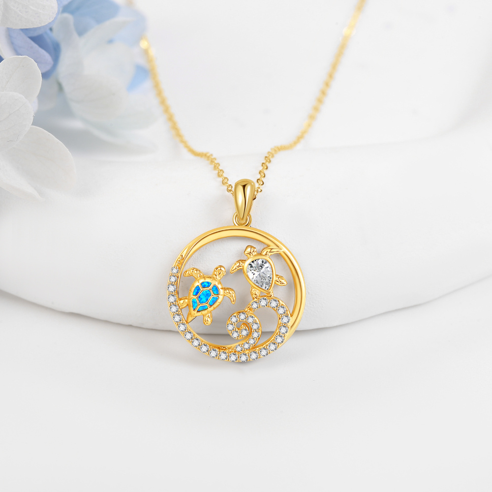 10K Gold Cubic Zirconia Sea Turtle Pendant Necklace-3
