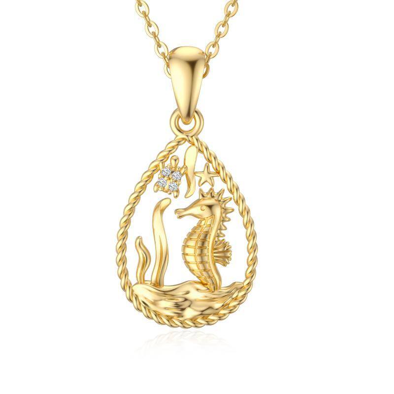 10K Gold Cubic Zirconia Seahorse & Starfish Pendant Necklace For Women-1