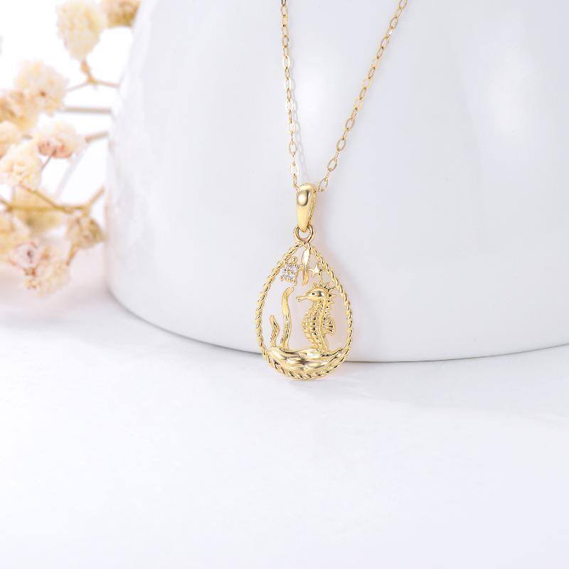 Collier avec pendentif hippocampe et étoile de mer en or 14 carats avec oxyde de zirconium pour femme-3