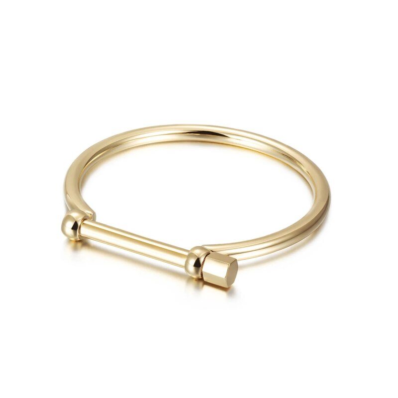 14K Gold D Shape Men‘s Screw Bar Bangle-1