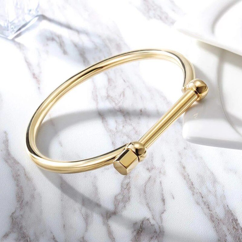 14K Gold D Shape Men‘s Screw Bar Bangle-3
