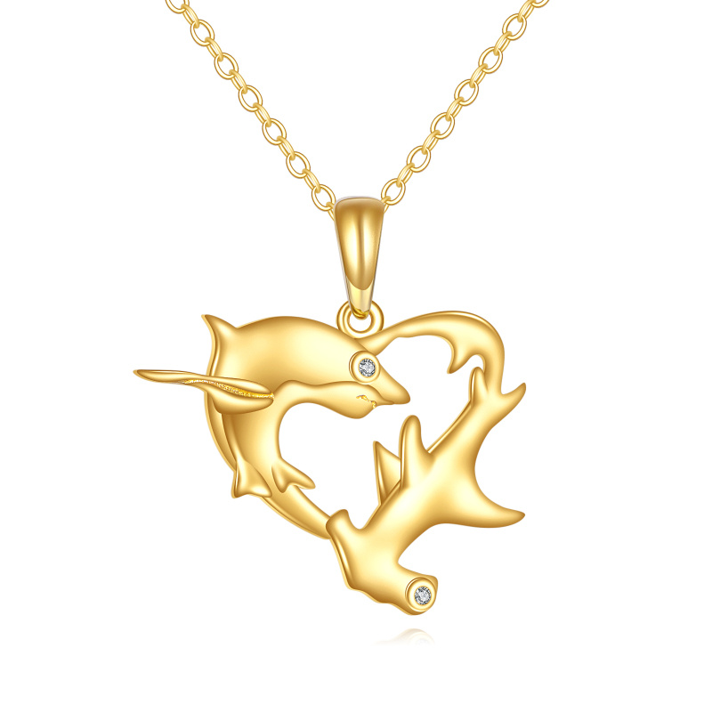 14K Gold Cubic Zirconia Shark Pendant Necklace-1