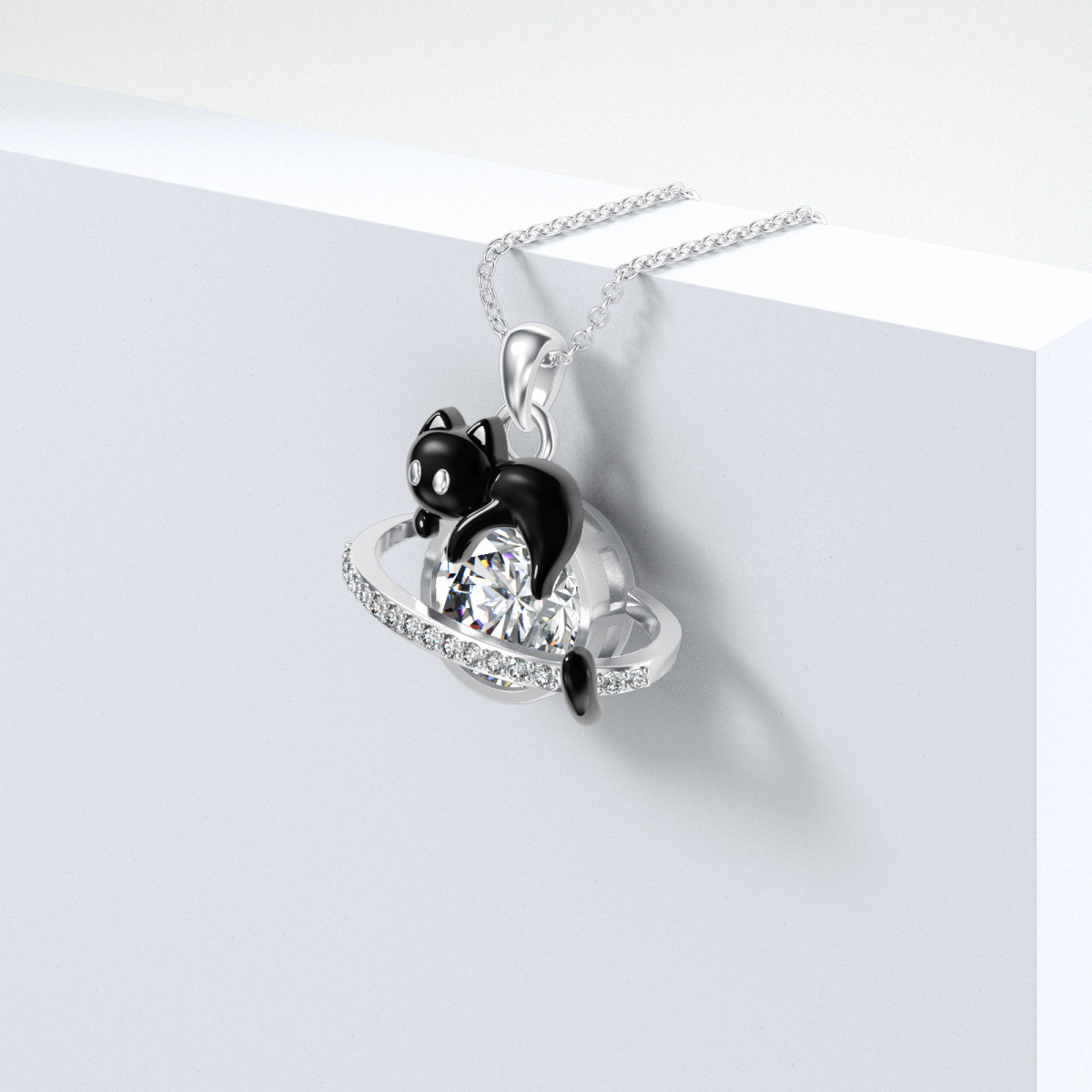 9K White Gold Moissanite Cat & Planet Pendant Necklace-4