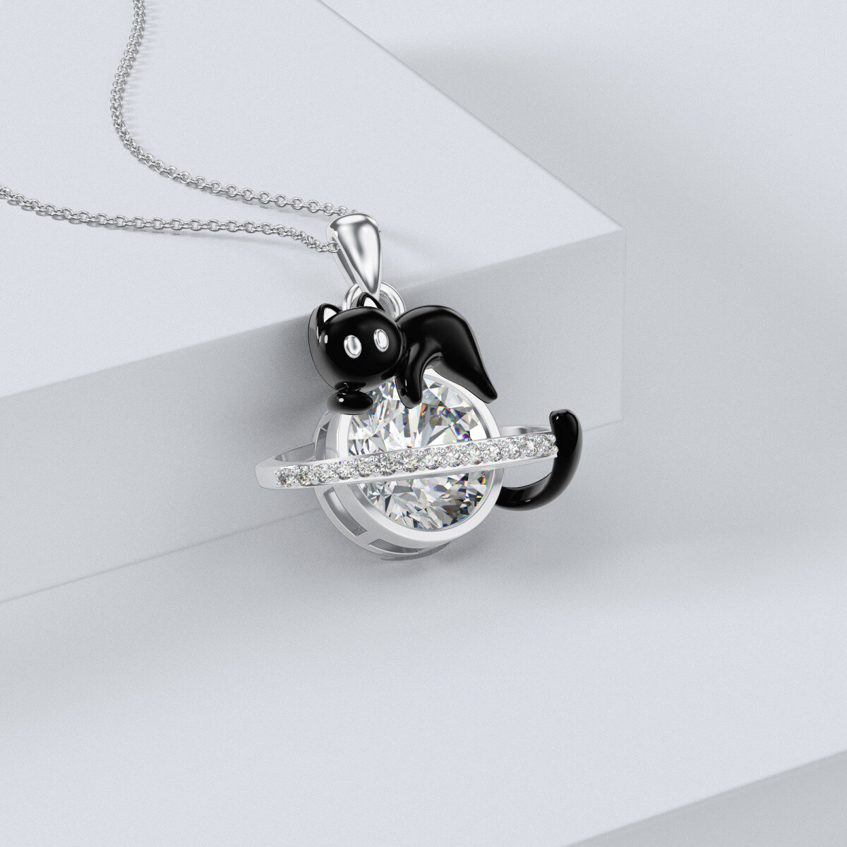 9K White Gold Moissanite Cat & Planet Pendant Necklace-5