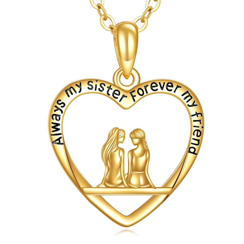 14K Gold Sisters Heart Necklace for Women-1