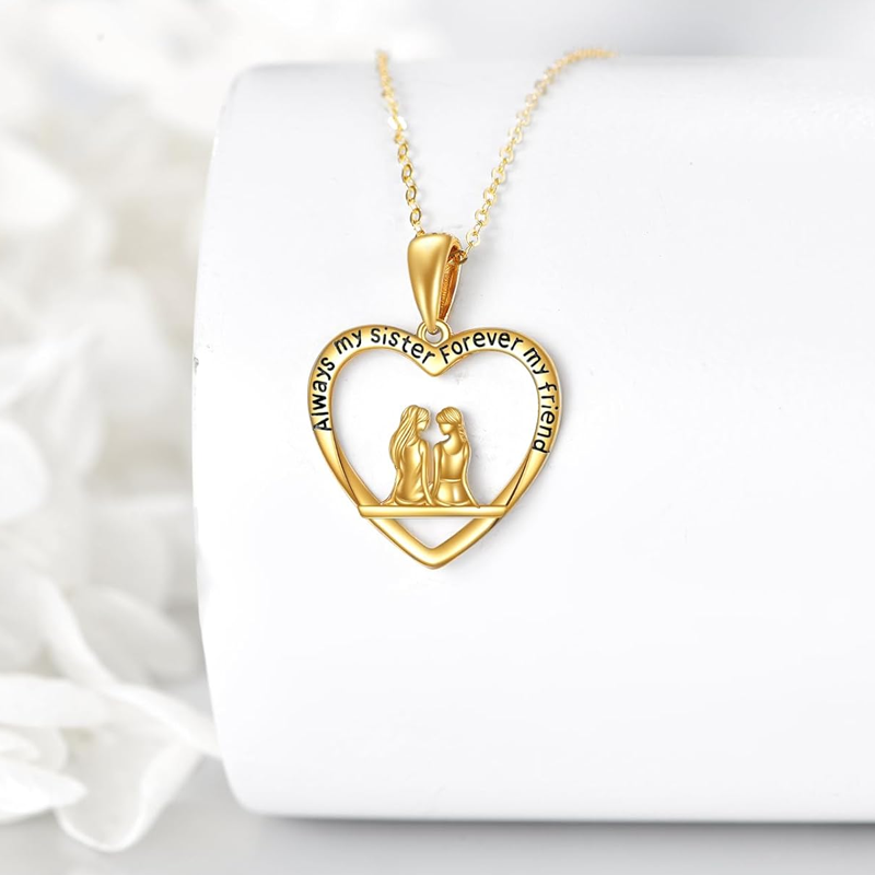 14K Gold Sisters Heart Necklace for Women-4