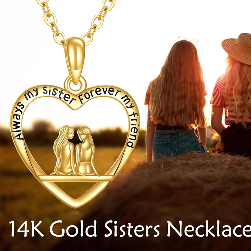 14K Gold Sisters Heart Necklace for Women-6