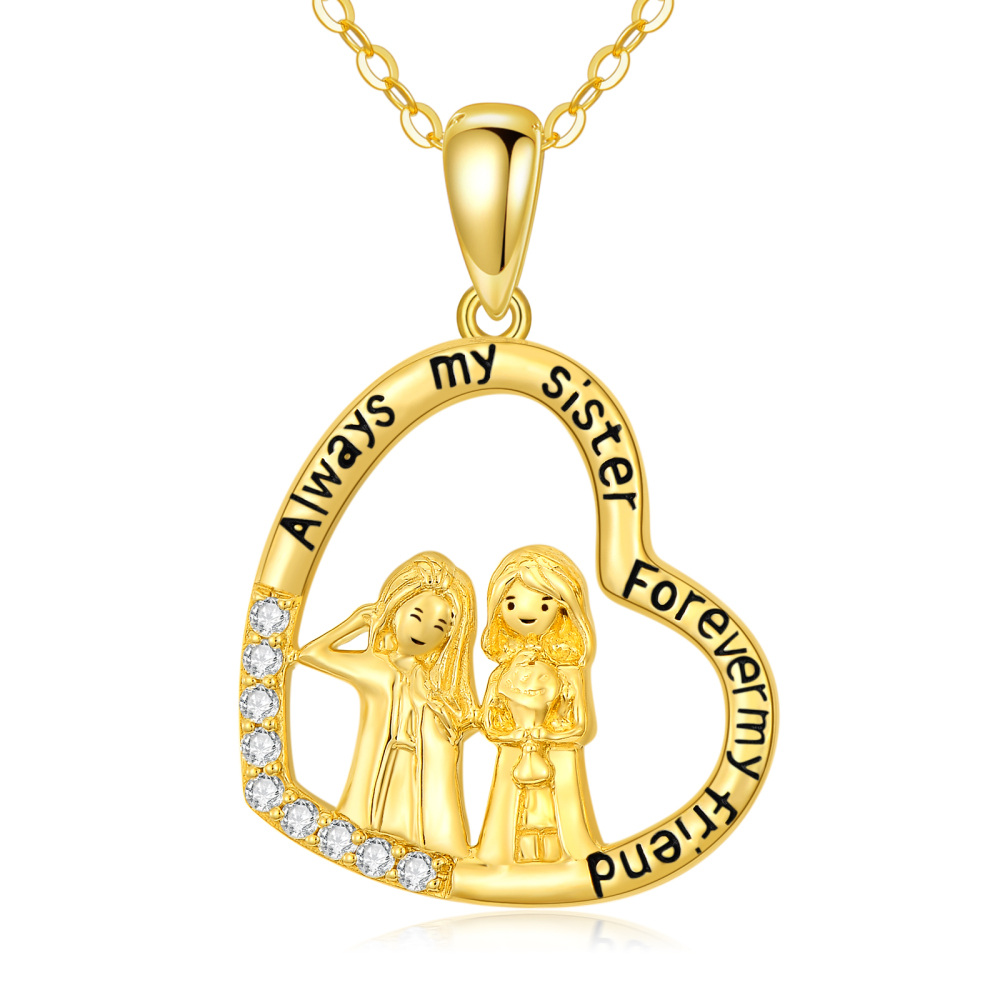 10K Gold Cubic Zirconia Sisters & Heart Pendant Necklace-1
