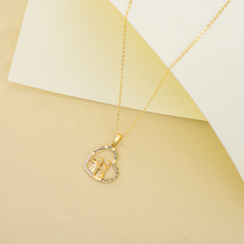 18K Gold Cubic Zirconia Sisters & Heart Pendant Necklace-3