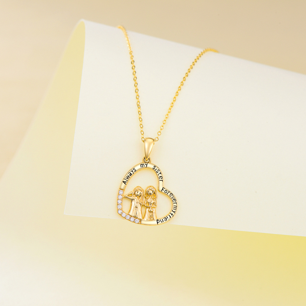 10K Gold Cubic Zirconia Sisters & Heart Pendant Necklace-4