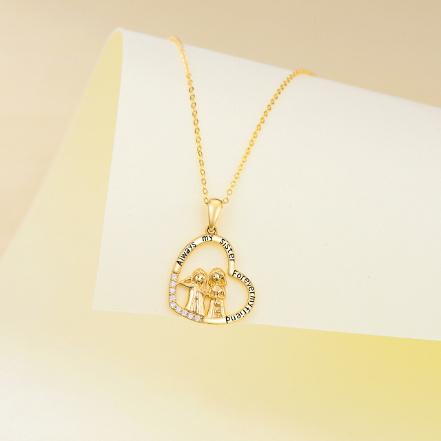 14K Gold Cubic Zirconia Sisters & Heart Pendant Necklace-4