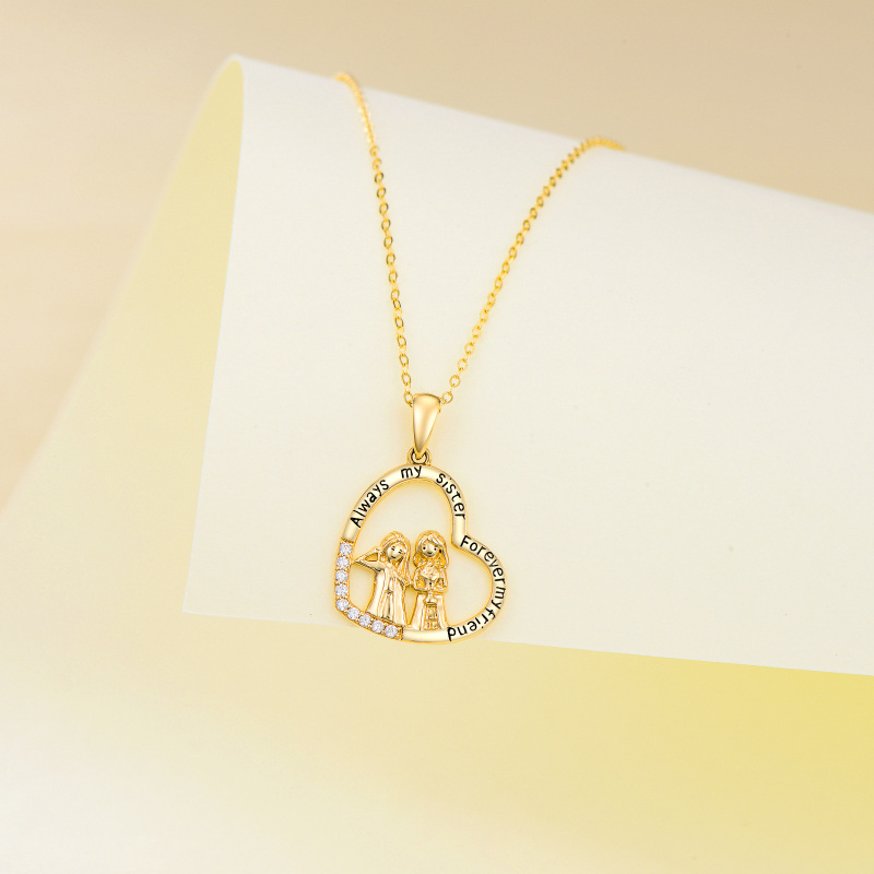 18K Gold Cubic Zirconia Sisters & Heart Pendant Necklace-4