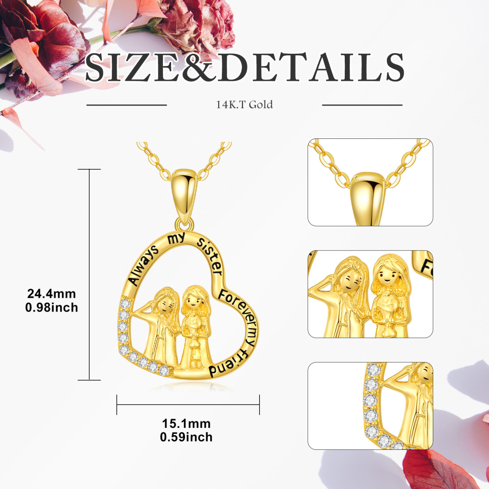 10K Gold Cubic Zirconia Sisters & Heart Pendant Necklace-5