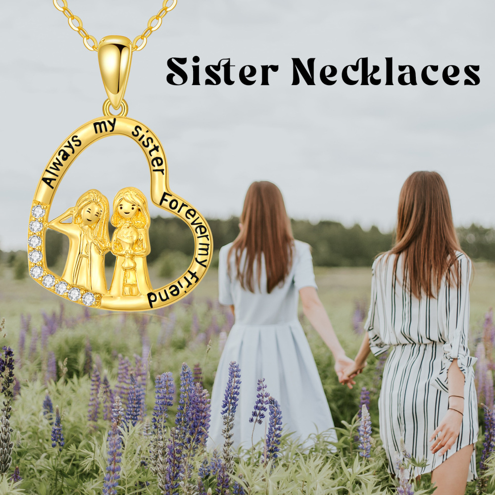 10K Gold Cubic Zirconia Sisters & Heart Pendant Necklace-6