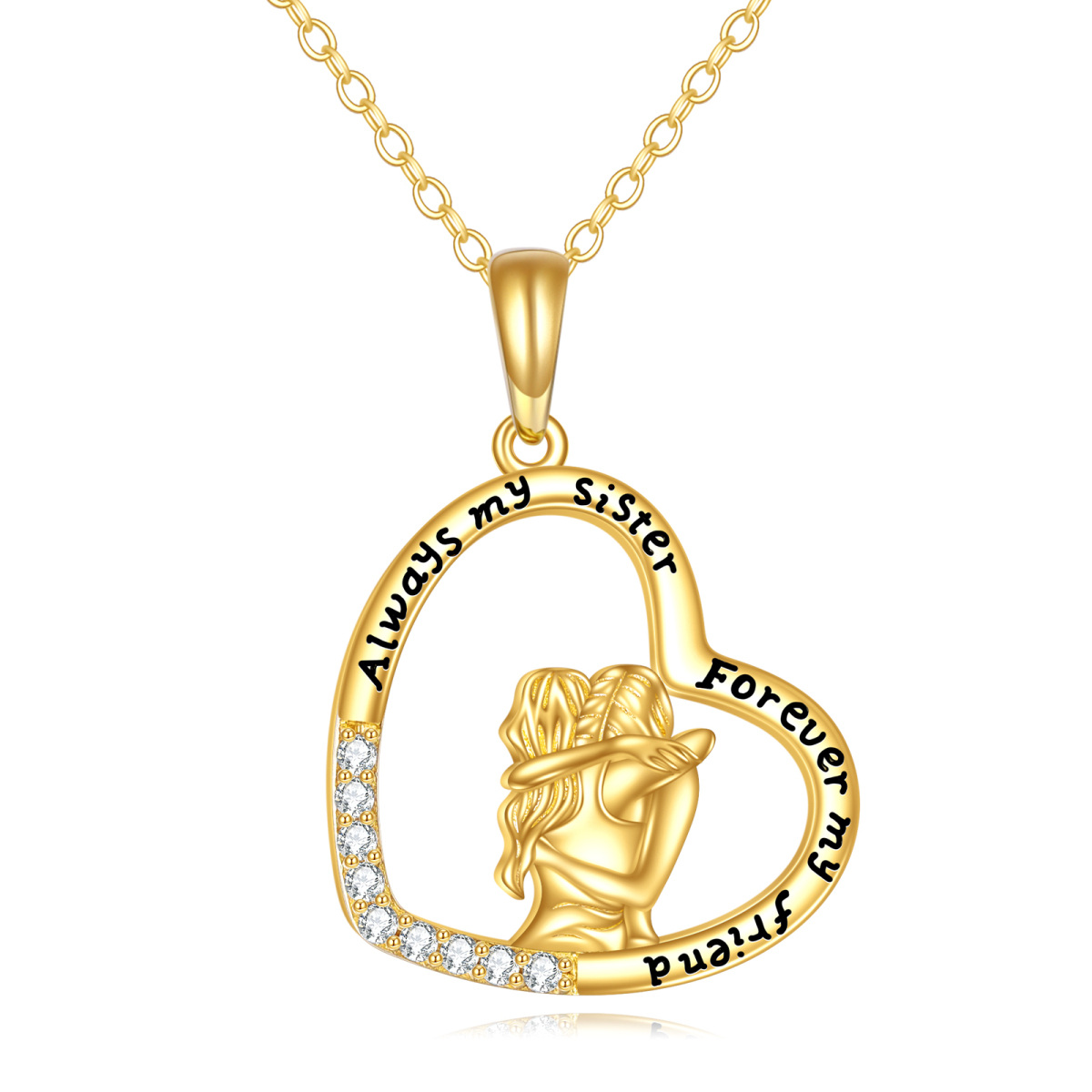 Collar con colgante de corazón de hermanas en oro de 14 quilates con circonita cúbica y palabra grabada-1