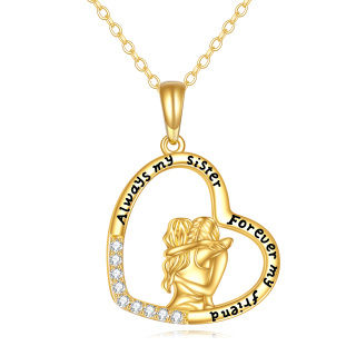 14K Gold Cubic Zirconia Sisters & Heart Pendant Necklace with Engraved Word-17
