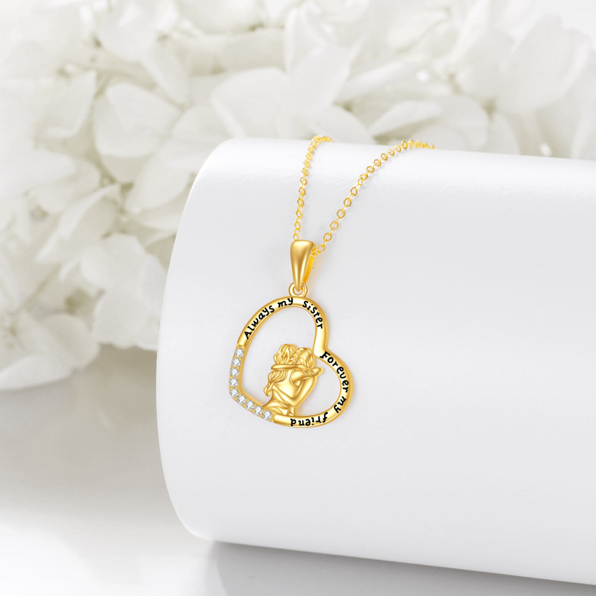 Collar con colgante de corazón de hermanas en oro de 14 quilates con circonita cúbica y palabra grabada-4