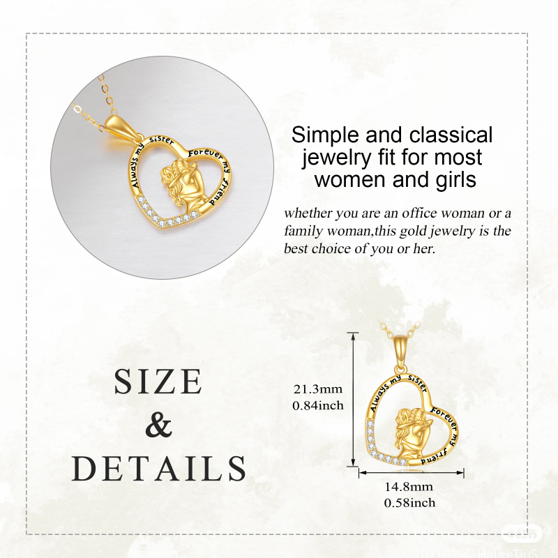 10K Gold Cubic Zirconia Sisters & Heart Pendant Necklace with Engraved Word-5