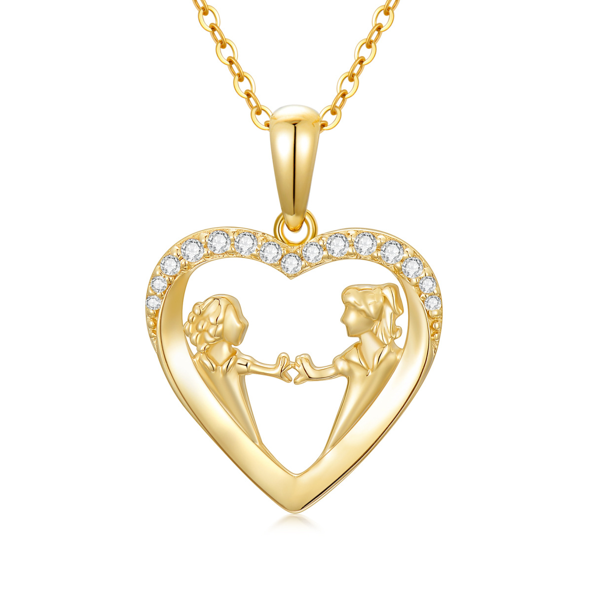 14K Oro Cúbico Zirconia Hermanas y Corazón Collar Colgante-1