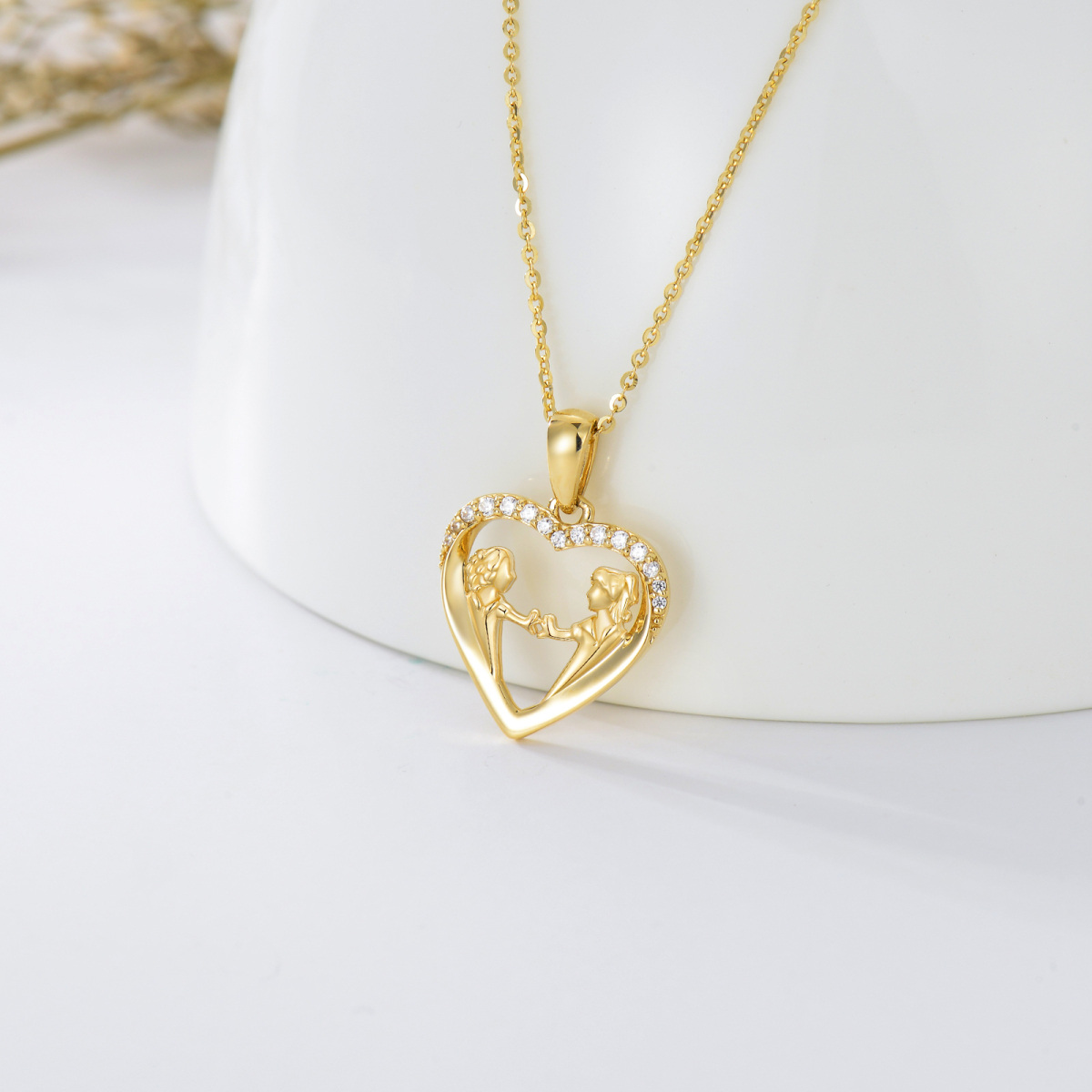 14K Oro Cúbico Zirconia Hermanas y Corazón Collar Colgante-3