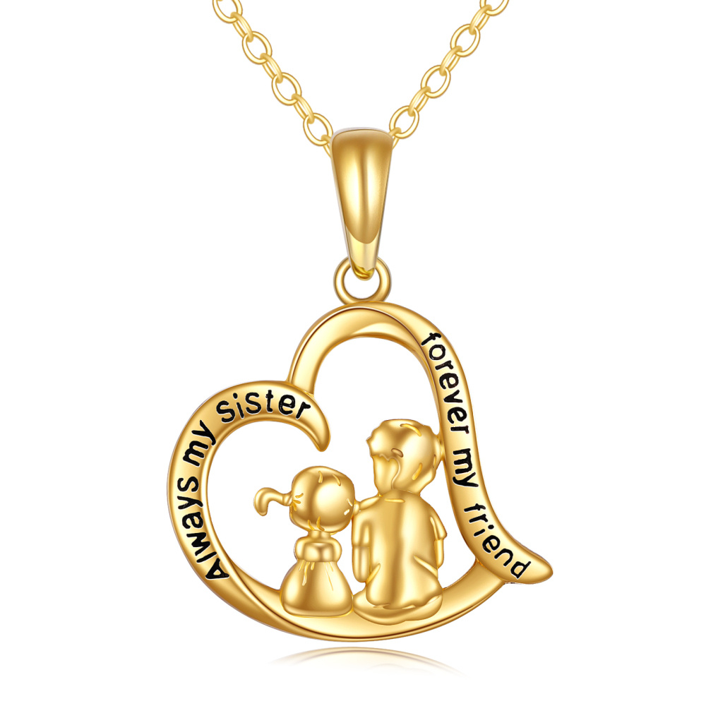 Collar con colgante de corazón de hermanas en oro de 10 quilates con palabra grabada-1