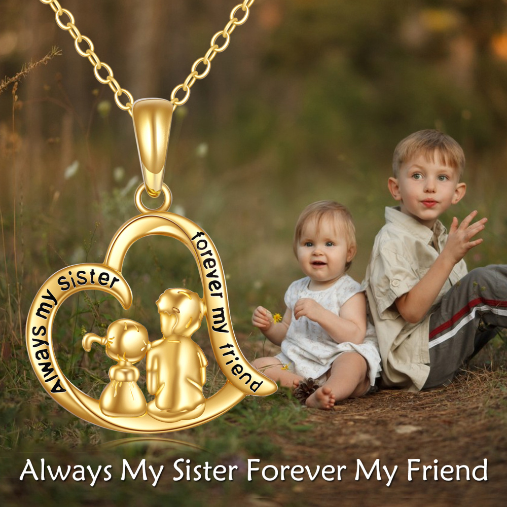 Collar con colgante de corazón de hermanas en oro de 10 quilates con palabra grabada-3