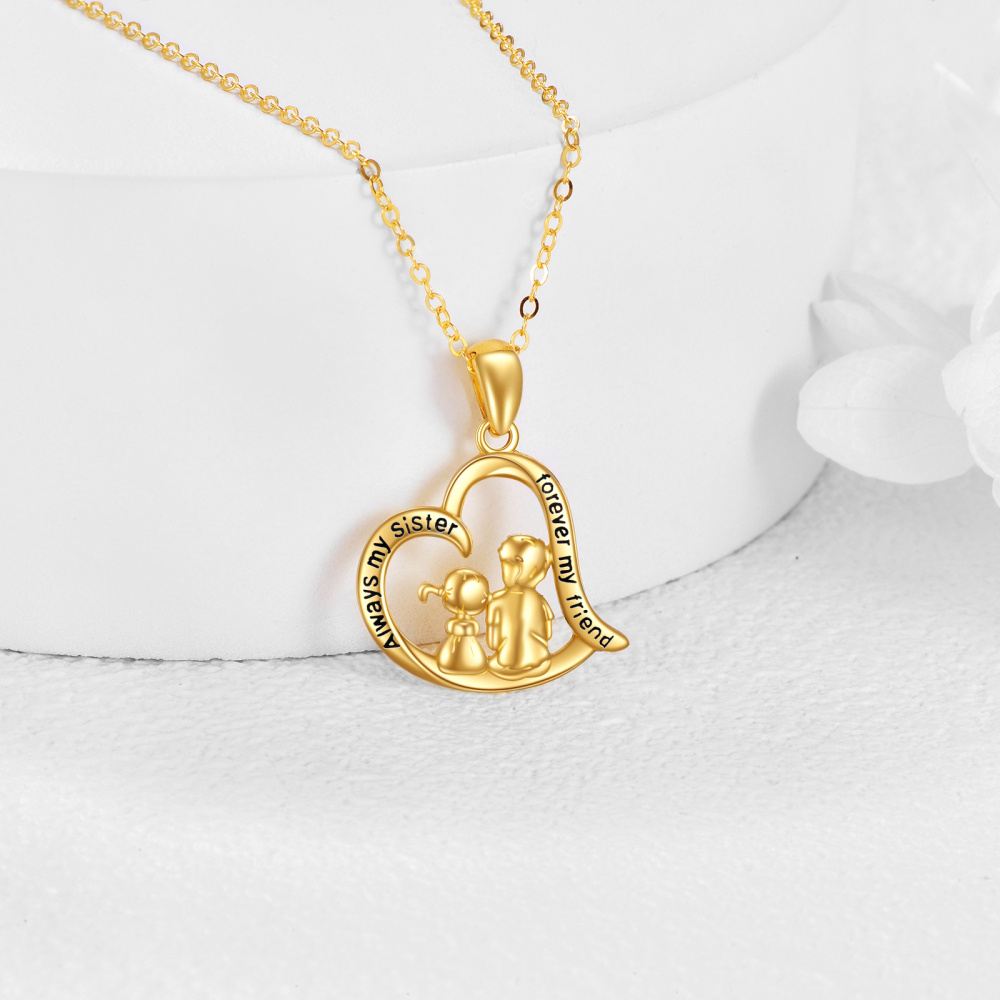 Collar con colgante de corazón de hermanas en oro de 10 quilates con palabra grabada-4
