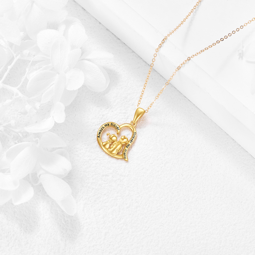 Collar con colgante de corazón de hermanas en oro de 10 quilates con palabra grabada-5