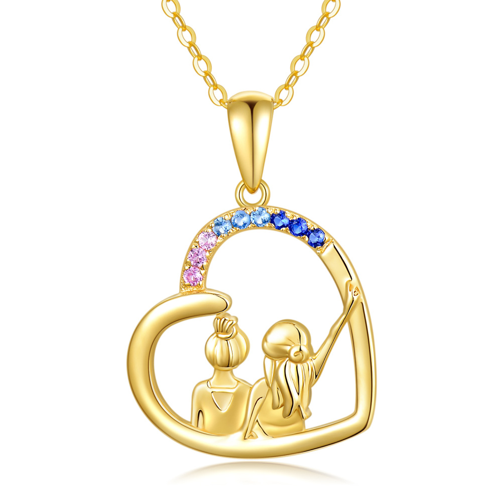 10K Gold Cubic Zirconia Sisters & Heart Pendant Necklace-1
