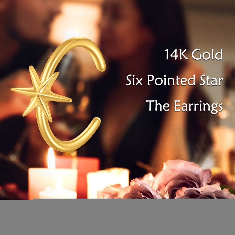 14K Gold Six Pointed Star Single Cuff Earrings-6